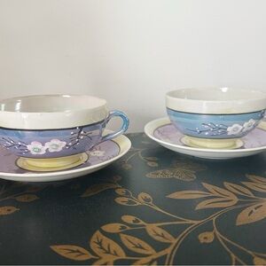 Vintage Japan Lusterware Set of 2 Teacups with Saucers